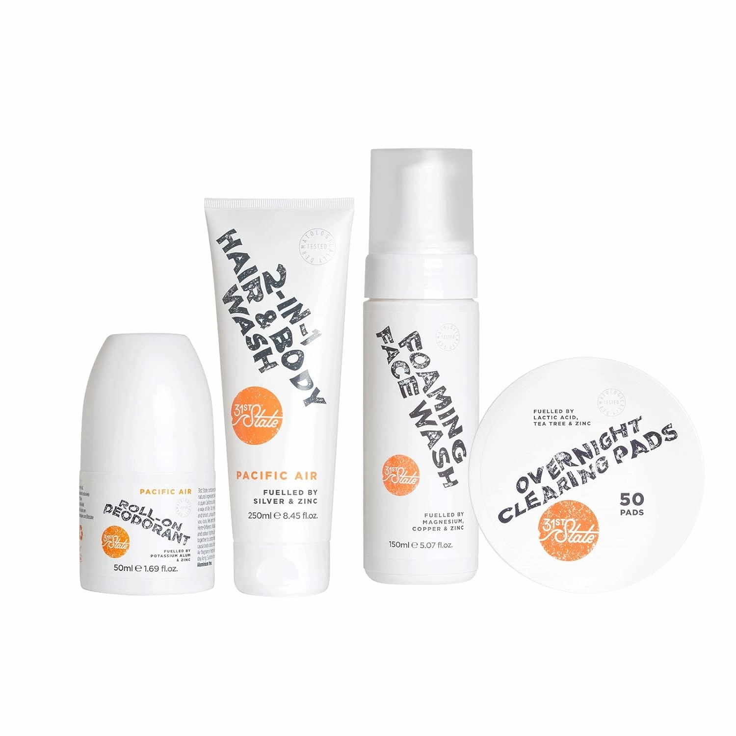 31st State Skincare Grooming Gift Set - Core Four Foaming Face Wash (150ml), 2-IN-1 Hair & Body Wash (150ml), Overnight Clearing Pads (50 Pads) & Aluminum Free Roll-On Deodorant (50ml), White