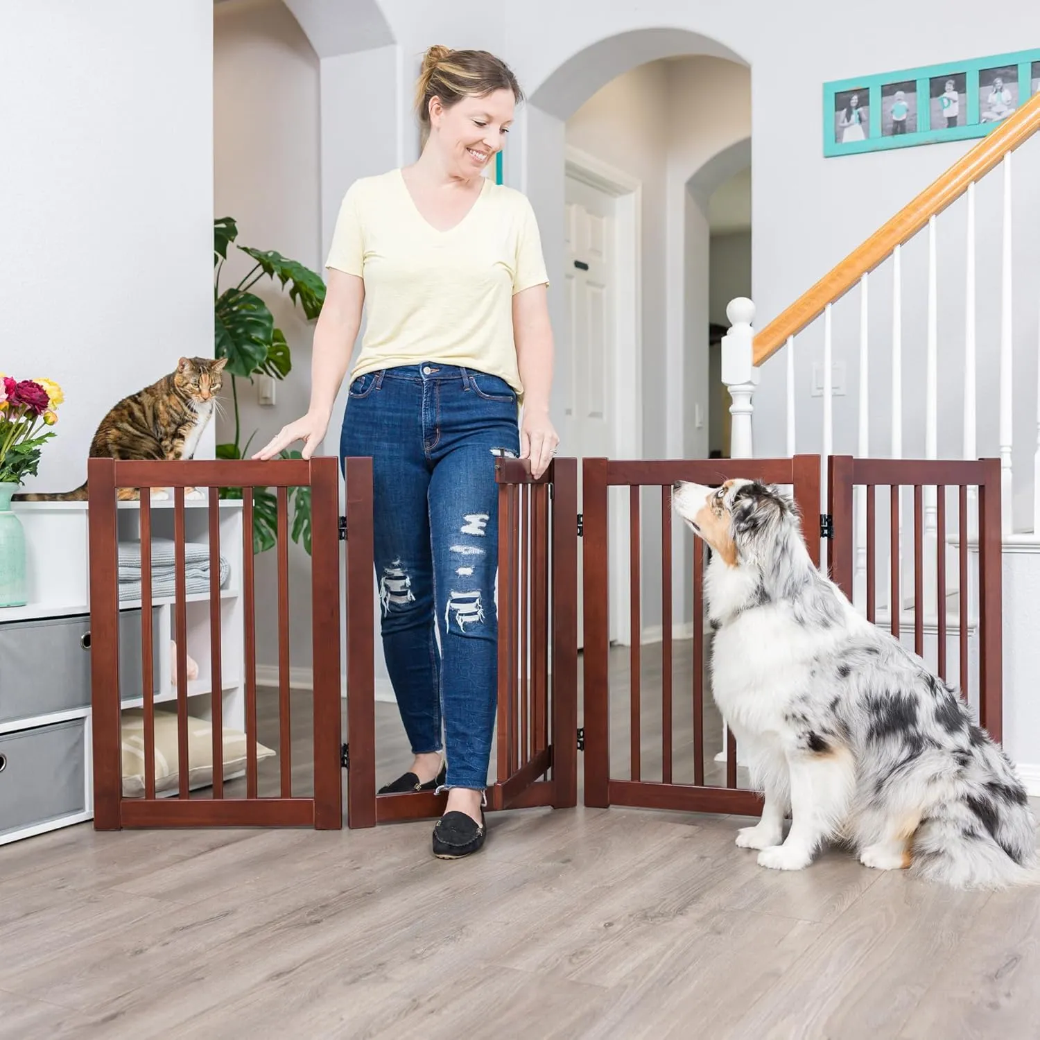 360 Configurable Dog Gate with Door – Indoor Freestanding Walk Through Wood Pet Gate,Walnut