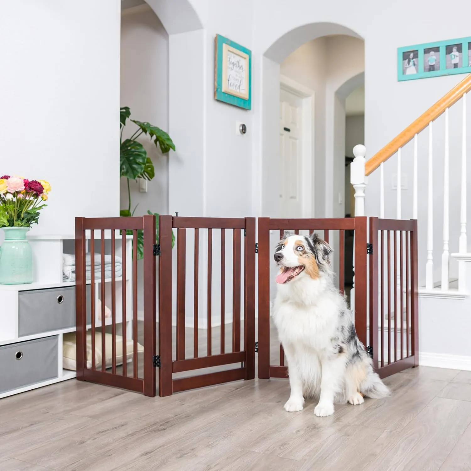 360 Configurable Dog Gate with Door – Indoor Freestanding Walk Through Wood Pet Gate,Walnut