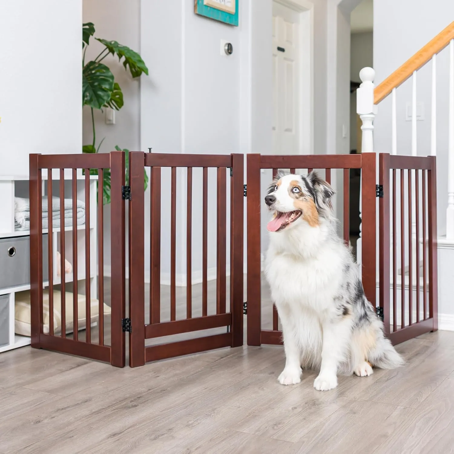 360 Configurable Dog Gate with Door – Indoor Freestanding Walk Through Wood Pet Gate,Walnut