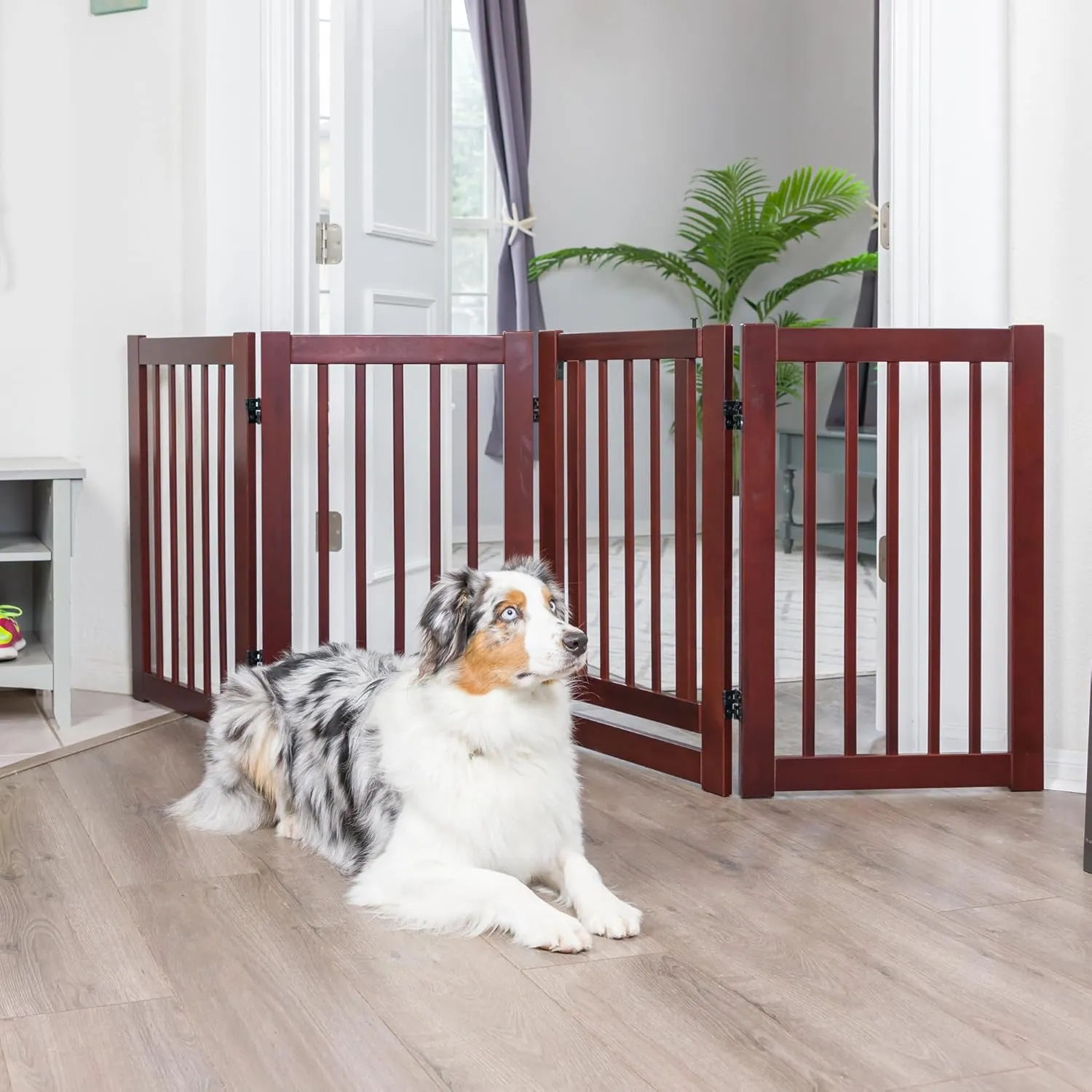 360 Configurable Dog Gate with Door – Indoor Freestanding Walk Through Wood Pet Gate,Walnut