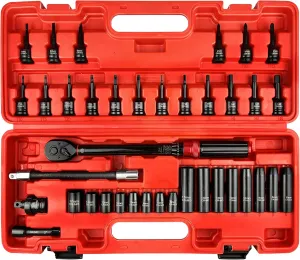 38Pcs 3/8" Deep and Shallow Impact Socket Set,Torx Bit Socket, Phillips Slotted Bit Socket Set,Including Extension Bar, Flexible Bit Extension,Torque Spanner,U-Joint,Cr-Mo Steel