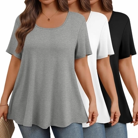 3 Pack Plus Size Tops for Women Casual U Neck A Line Top Short Sleeve Loose Fit Flowy Shirts Tunic Blouses XL-5XL