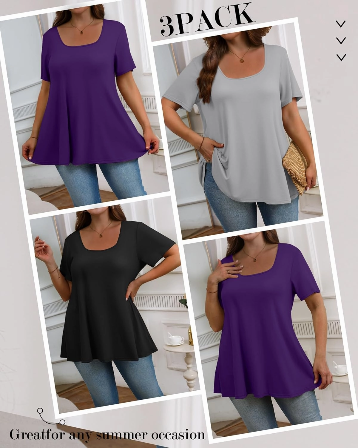 3 Pack Plus Size Tops for Women Casual U Neck A Line Top Short Sleeve Loose Fit Flowy Shirts Tunic Blouses XL-5XL