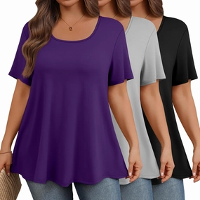 3 Pack Plus Size Tops for Women Casual U Neck A Line Top Short Sleeve Loose Fit Flowy Shirts Tunic Blouses XL-5XL