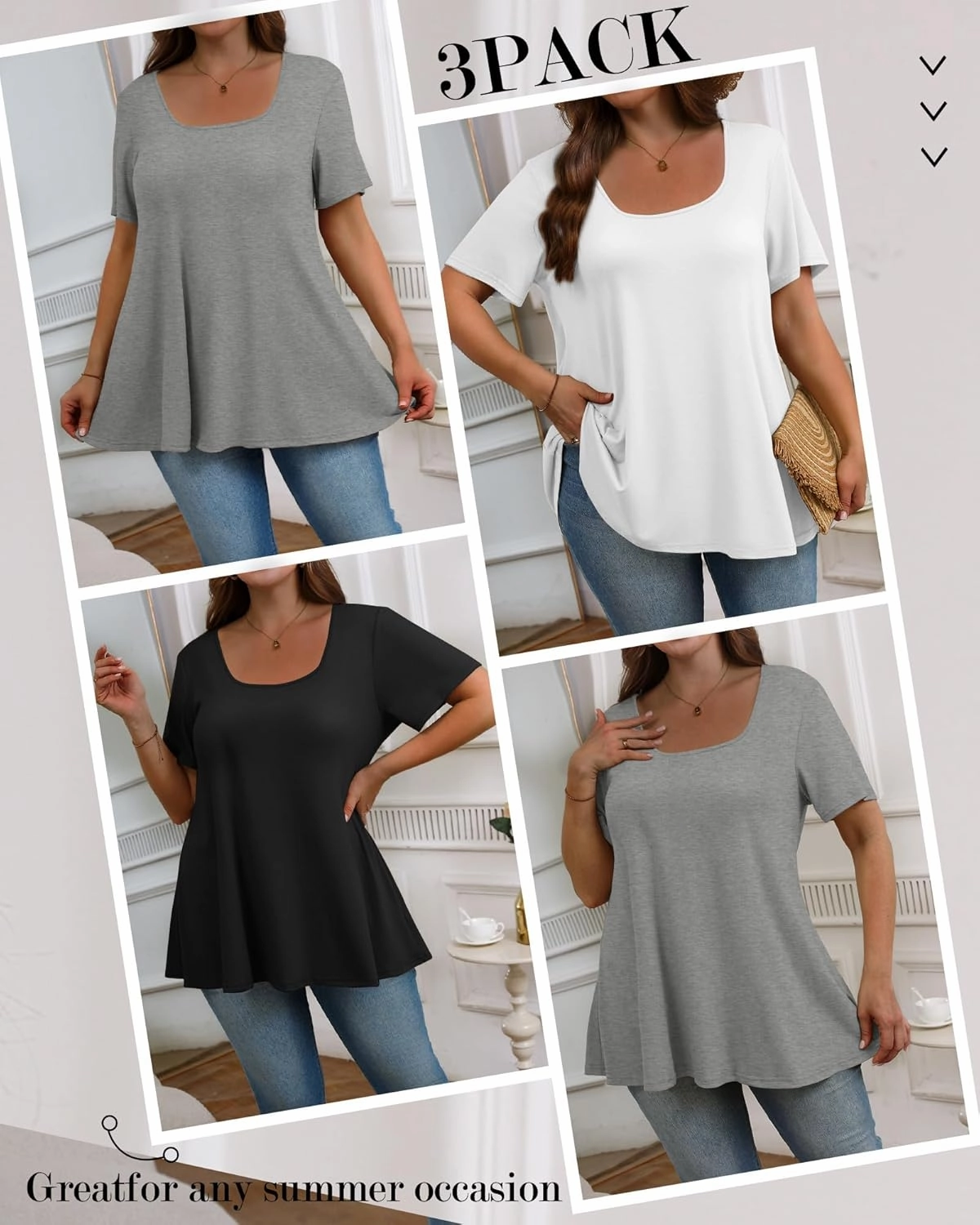 3 Pack Plus Size Tops for Women Casual U Neck A Line Top Short Sleeve Loose Fit Flowy Shirts Tunic Blouses XL-5XL