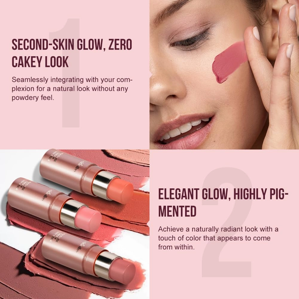 3 Pcs Multi-Use Makeup Cream Blush Stick Set, Unidollssbeauty 3-in-1 Buildable Blush Stick Set, Hydrating formula, All day wear, Easy Application with a Random Accessory Included(01,03,04)