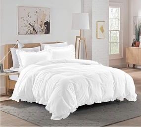 3 PCS Ruffle Frilled Duvet Cover Set Egyptian Cotton Button Closure Corner Ties. White Twin XL Size (68'' x 92'')