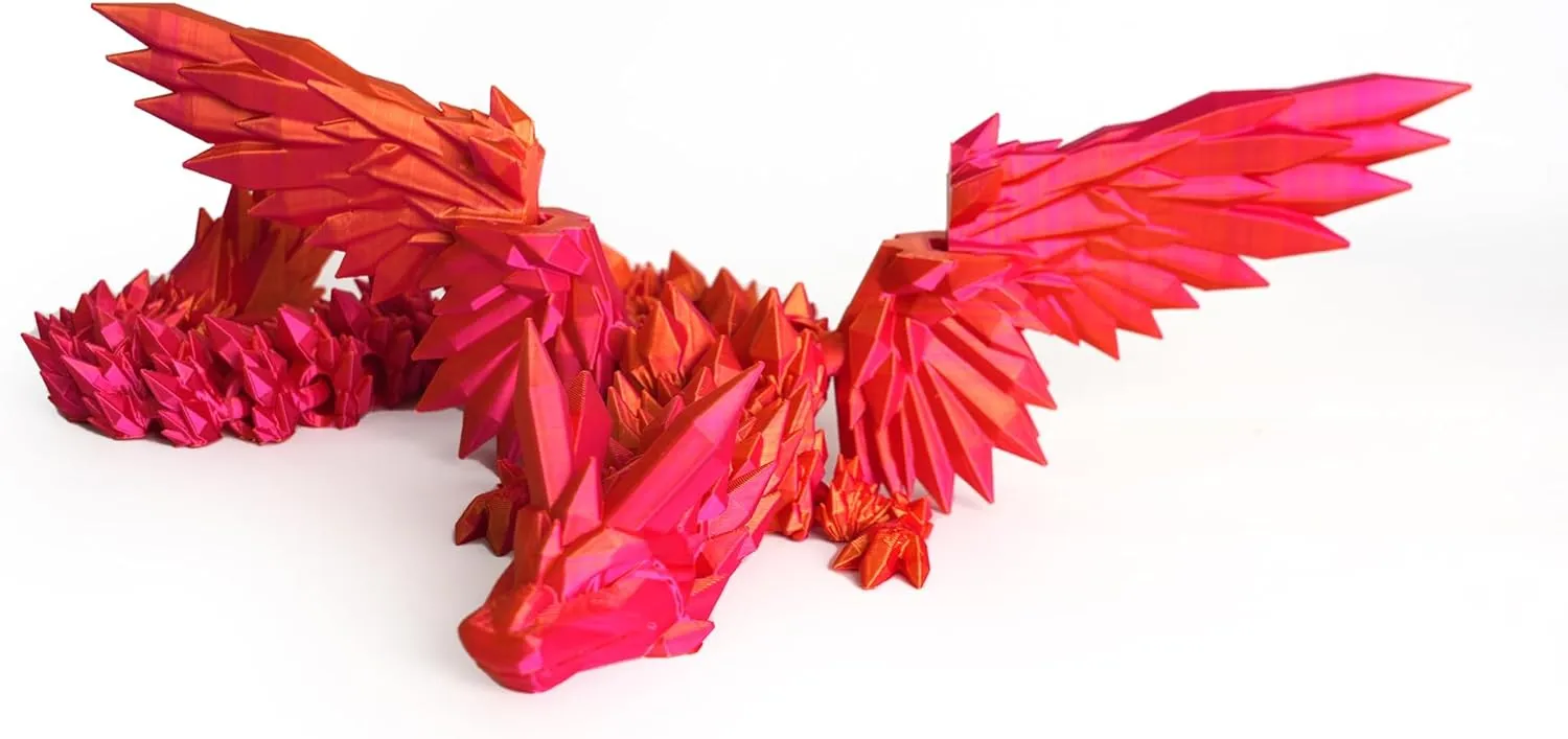 3D Printed Dragon - 18 inch Flying Articulated Dragon with Wings, Flexible Winged Crystal Fidget Toy, Home Decor, Birthday Gift, Desk Pet(Red Mix Gold)