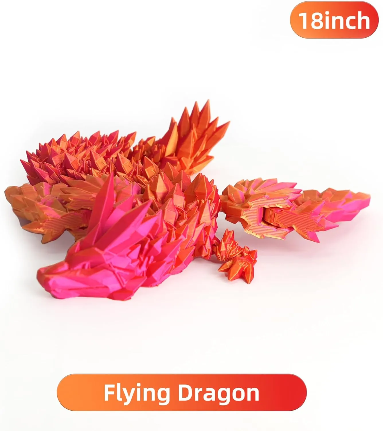 3D Printed Dragon - 18 inch Flying Articulated Dragon with Wings, Flexible Winged Crystal Fidget Toy, Home Decor, Birthday Gift, Desk Pet(Red Mix Gold)