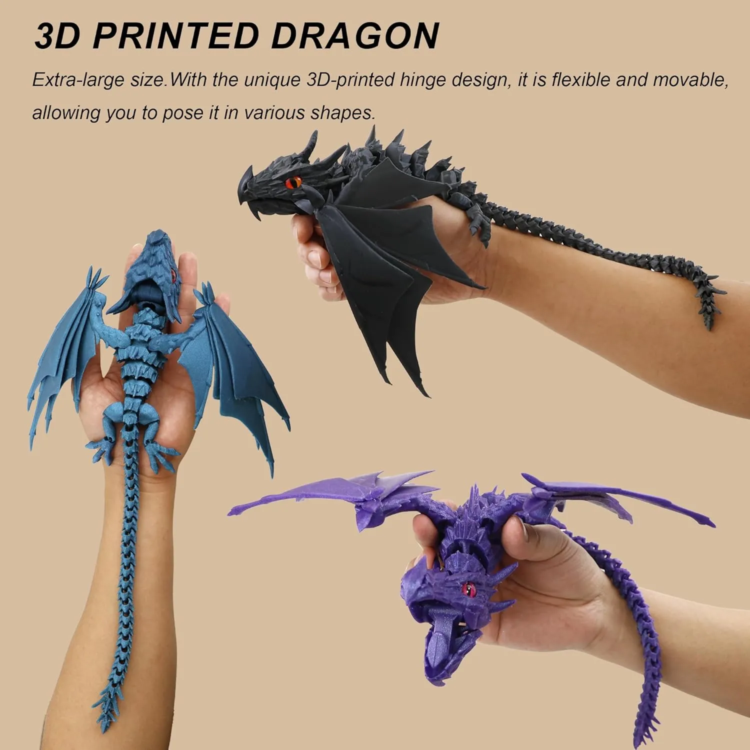 3D Printed Dragon with Wings, Fidget Dragon Toys, 3D Printed Animals, Flexible Articulated Winged Crystal Dragon Model,Home Office Decor Desktop Pet(Silk Black)