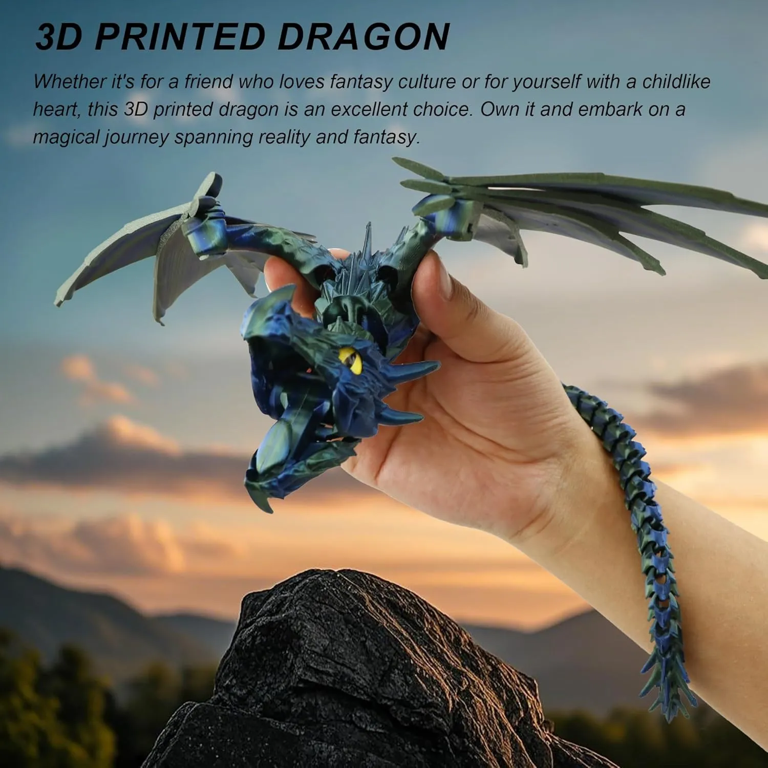 3D Printed Dragon with Wings, Fidget Dragon Toys, 3D Printed Animals, Flexible Articulated Winged Crystal Dragon Model,Home Office Decor Desktop Pet(Silk Black)