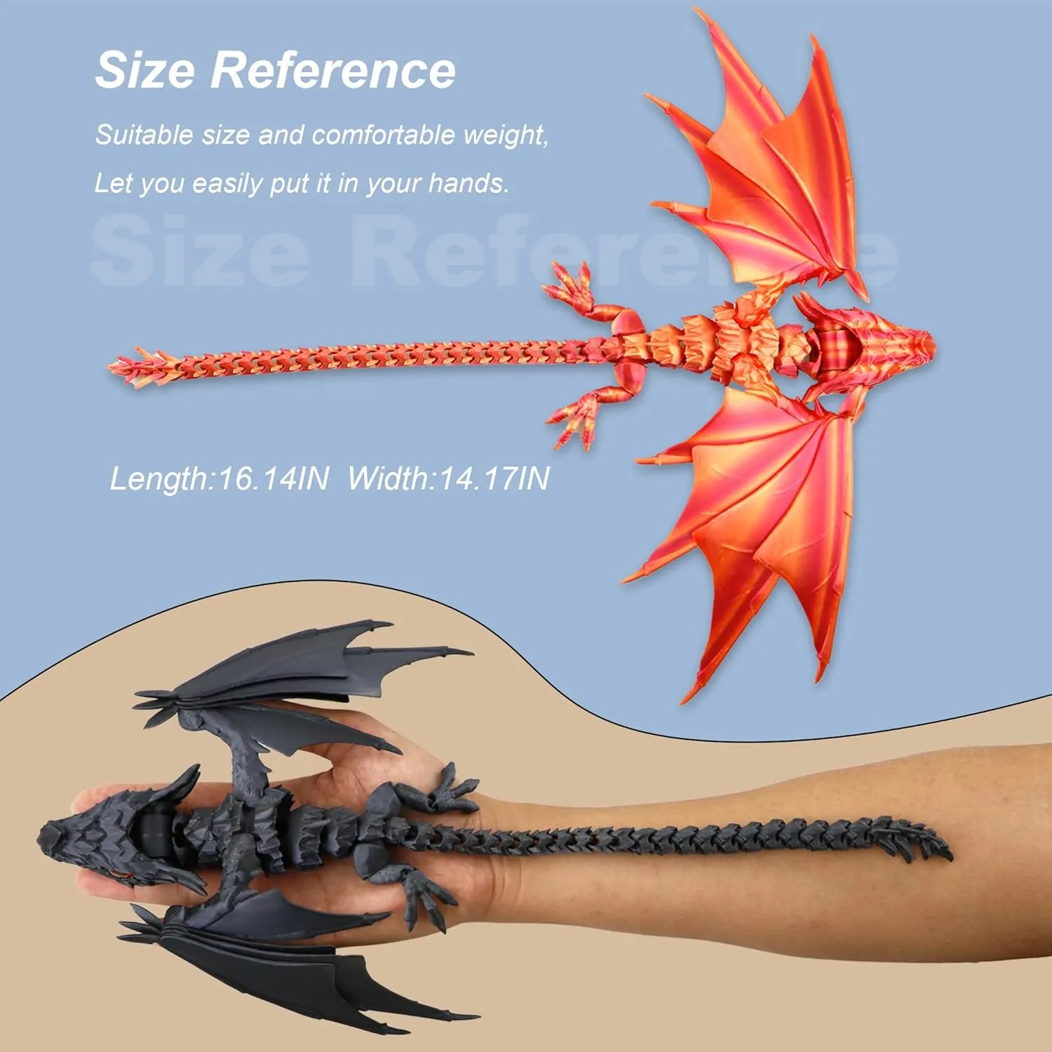 3D Printed Dragon with Wings, Fidget Dragon Toys, 3D Printed Animals, Flexible Articulated Winged Crystal Dragon Model,Home Office Decor Desktop Pet(Silk Black)