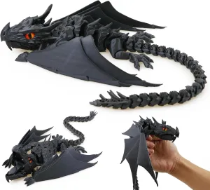 3D Printed Dragon with Wings, Fidget Dragon Toys, 3D Printed Animals, Flexible Articulated Winged Crystal Dragon Model,Home Office Decor Desktop Pet(Silk Black)