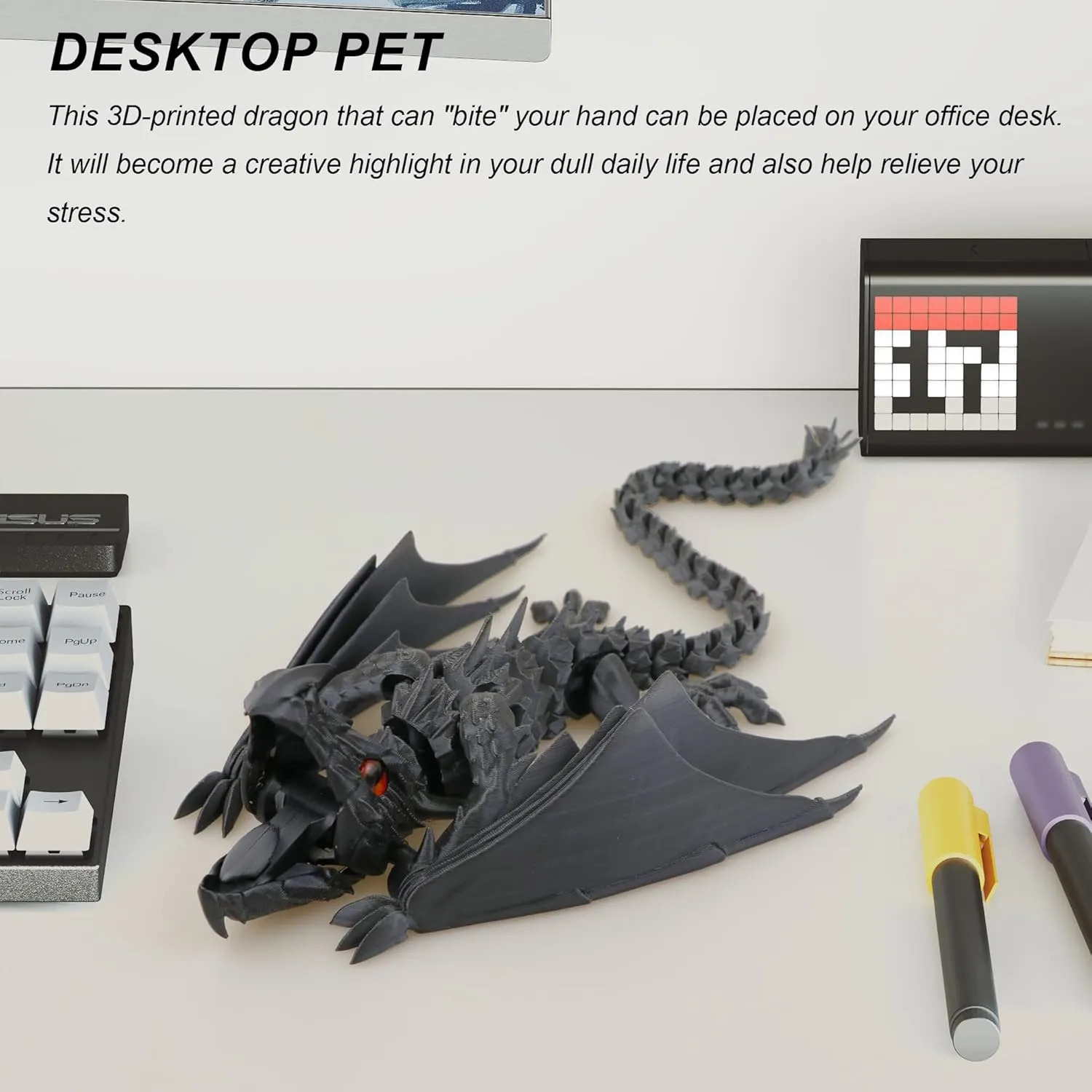 3D Printed Dragon with Wings, Fidget Dragon Toys, 3D Printed Animals, Flexible Articulated Winged Crystal Dragon Model,Home Office Decor Desktop Pet(Silk Black)