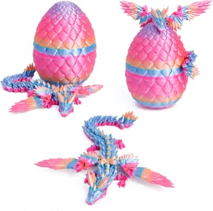 3D Printed Flying Dragon in Egg - Rainbow Dino Easter Egg with 9" Winged Dragon Inside, Easter Basket Stuffers, Colorful Fidget Toy, Birthday Gift, Flexible Desk Pet Figure (Candy Rainbow)