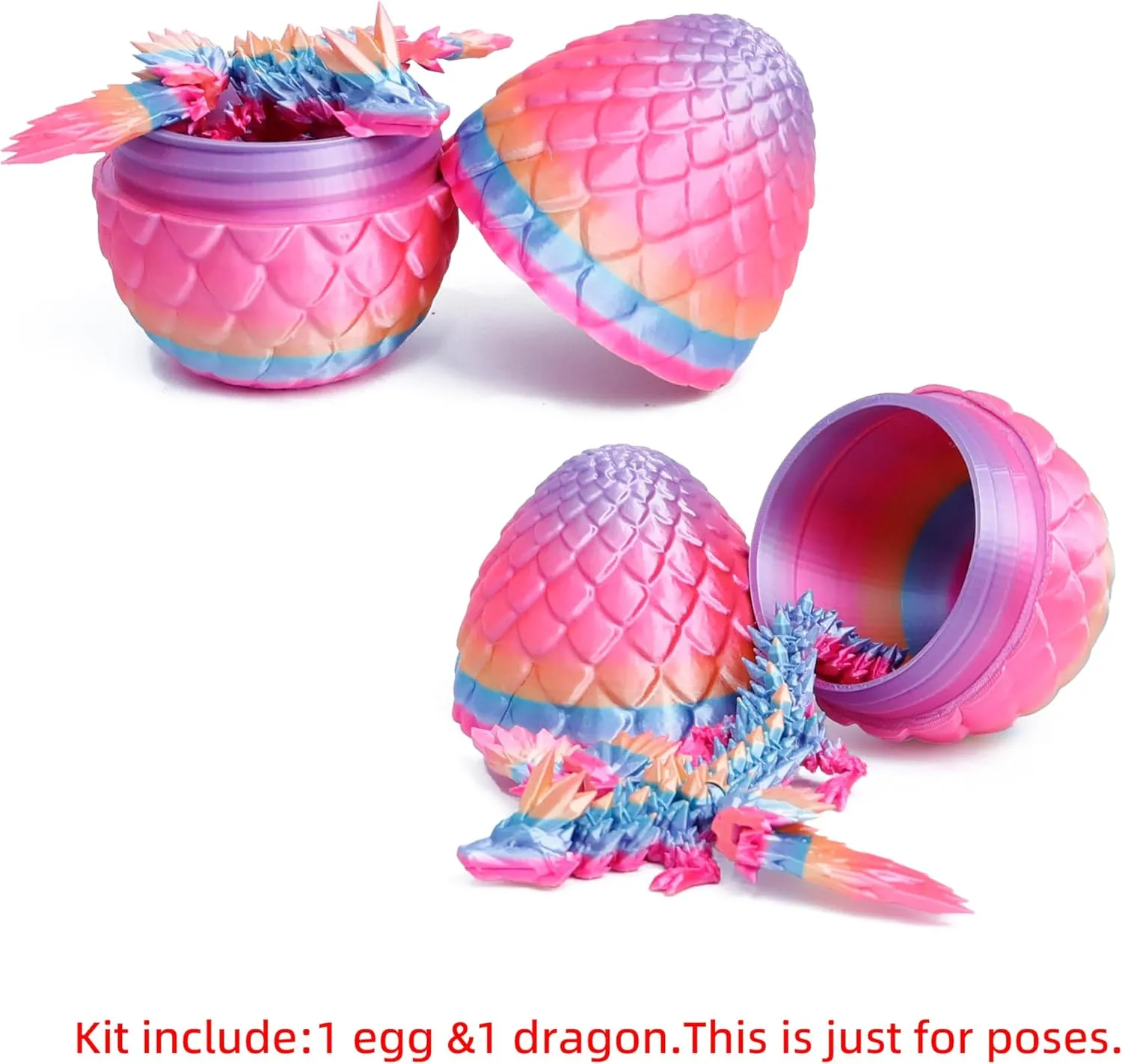 3D Printed Flying Dragon in Egg - Rainbow Dino Easter Egg with 9" Winged Dragon Inside, Easter Basket Stuffers, Colorful Fidget Toy, Birthday Gift, Flexible Desk Pet Figure (Candy Rainbow)