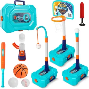 4-in-1 Kids Basketball Hoop, Toddler Sports Basketball Goal & T Ball Set, Indoor & Outdoor Toys,Birthday Gift for Boys Girls Ages 3 （Blue）