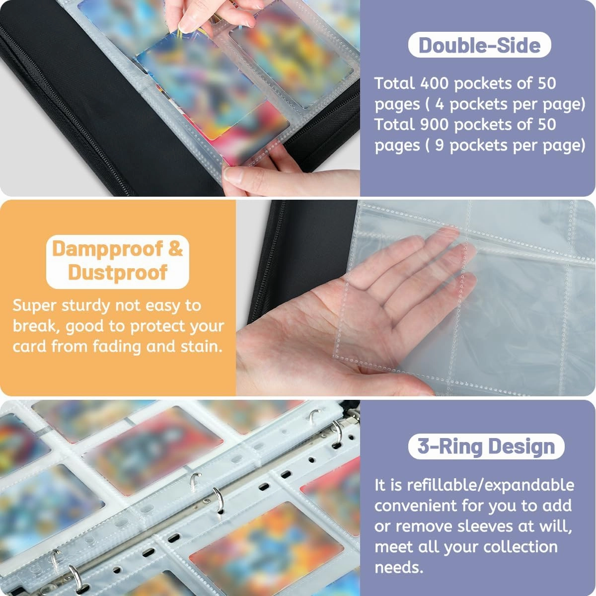 400 Card Binder 4 Pocket Oil Painting Portable Trading Cards Holder Collector Album for Sports Game Cards 50 Pages Removable Sleeves Double Sided Pocket Sturdy Zipper Gifts Ready