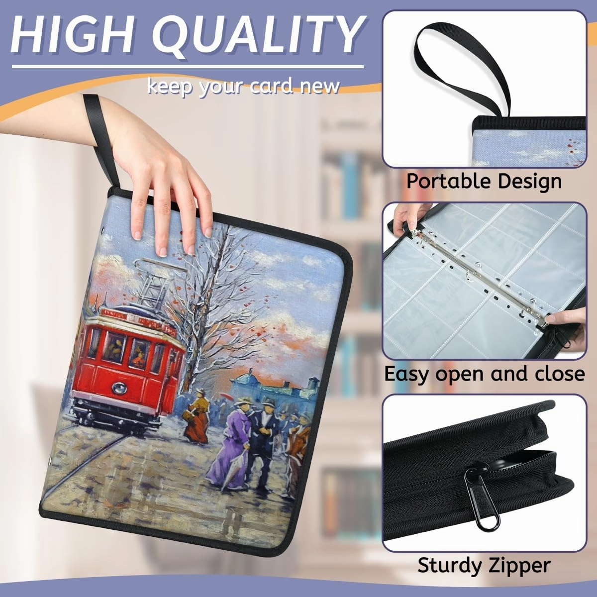 400 Card Binder 4 Pocket Oil Painting Portable Trading Cards Holder Collector Album for Sports Game Cards 50 Pages Removable Sleeves Double Sided Pocket Sturdy Zipper Gifts Ready