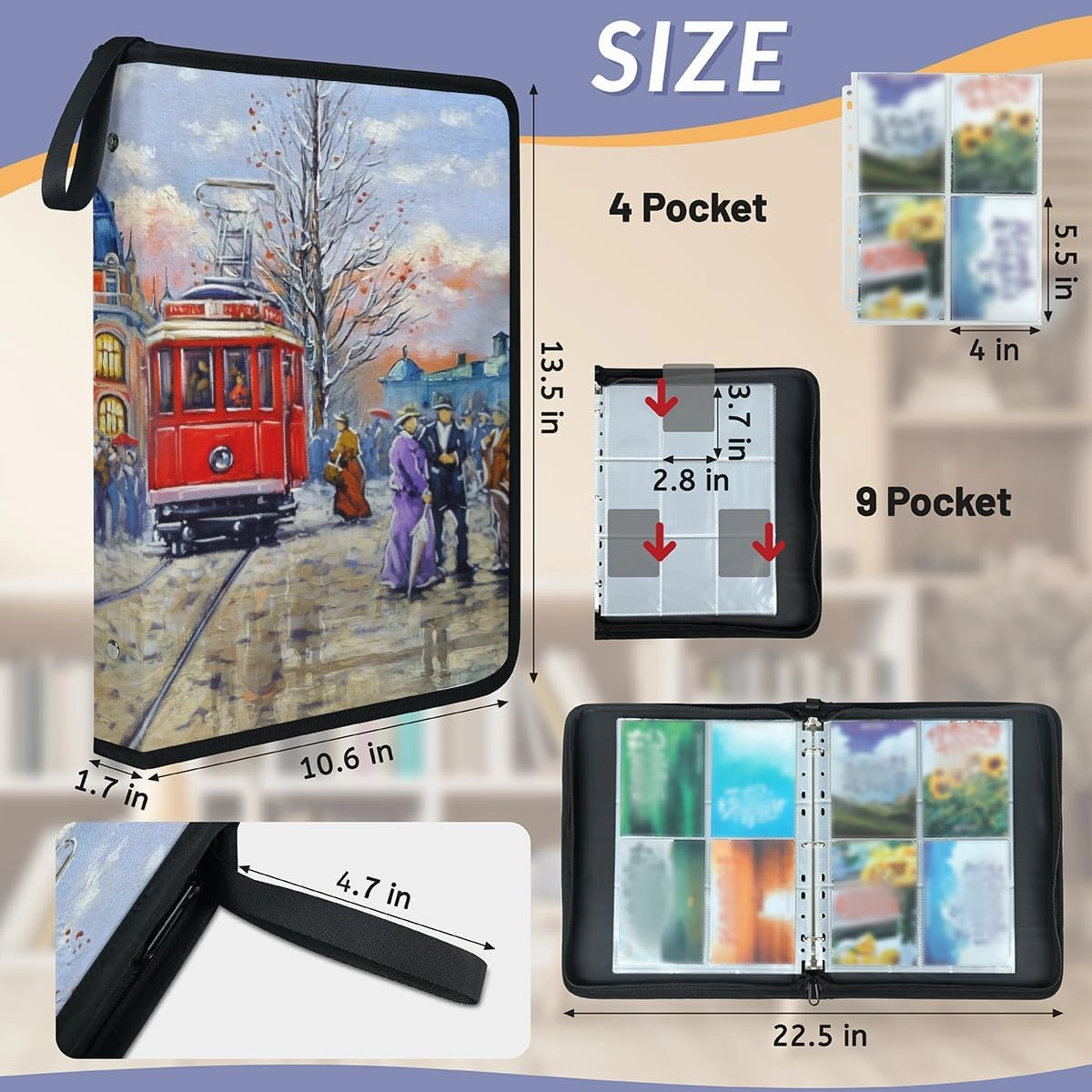 400 Card Binder 4 Pocket Oil Painting Portable Trading Cards Holder Collector Album for Sports Game Cards 50 Pages Removable Sleeves Double Sided Pocket Sturdy Zipper Gifts Ready