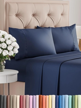 400 Thread Count Cotton Sheet Set - Full Size 100% Cotton Sheets - Easily Fits 8" to 16" Mattress - Silky-Soft, Wrinkle Free, Breathable & Comfy - Deep Pockets & Hotel Quality Bedding Set - Navy Blue