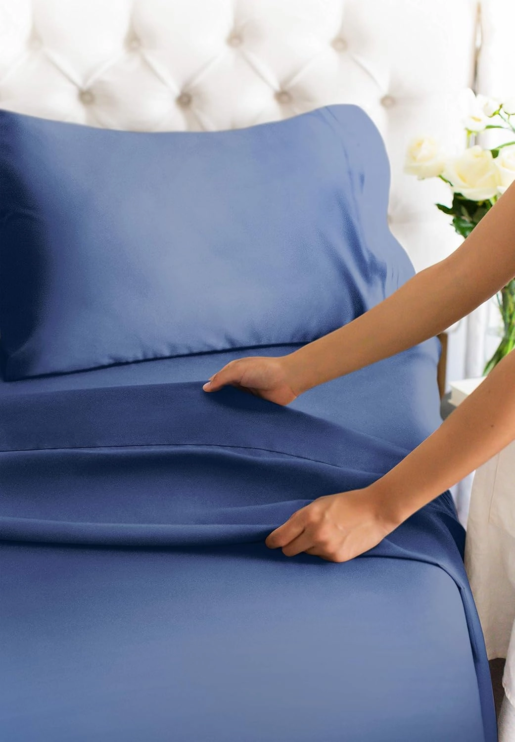 400 Thread Count Cotton Sheet Set - Full Size 100% Cotton Sheets - Easily Fits 8" to 16" Mattress - Silky-Soft, Wrinkle Free, Breathable & Comfy - Deep Pockets & Hotel Quality Bedding Set - Navy Blue