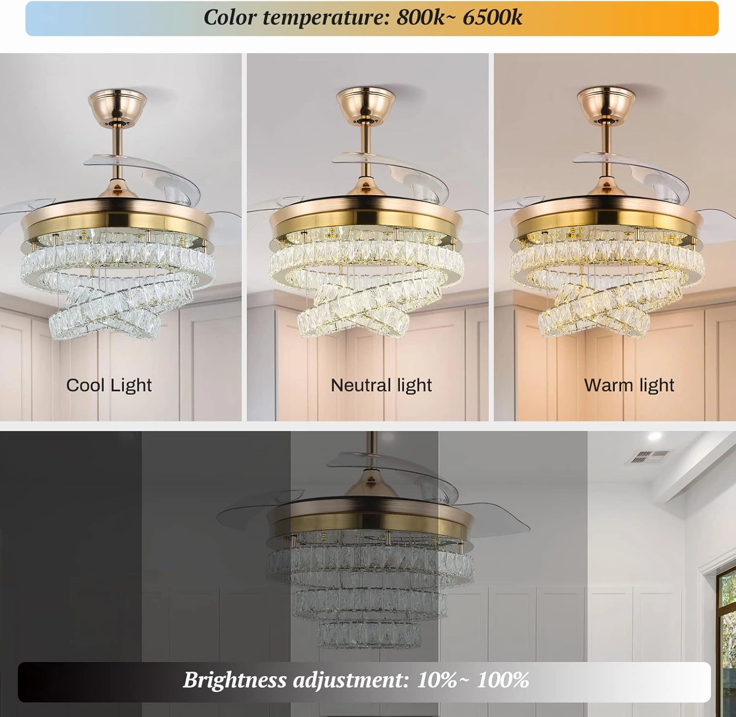 42" Gold LED Fandeliers with Lights Dimmable Crystal Ceiling Fan with Lights Individual 3 LED Color Change with Timi Memory Function