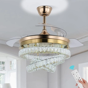 42" Gold LED Fandeliers with Lights Dimmable Crystal Ceiling Fan with Lights Individual 3 LED Color Change with Timi Memory Function