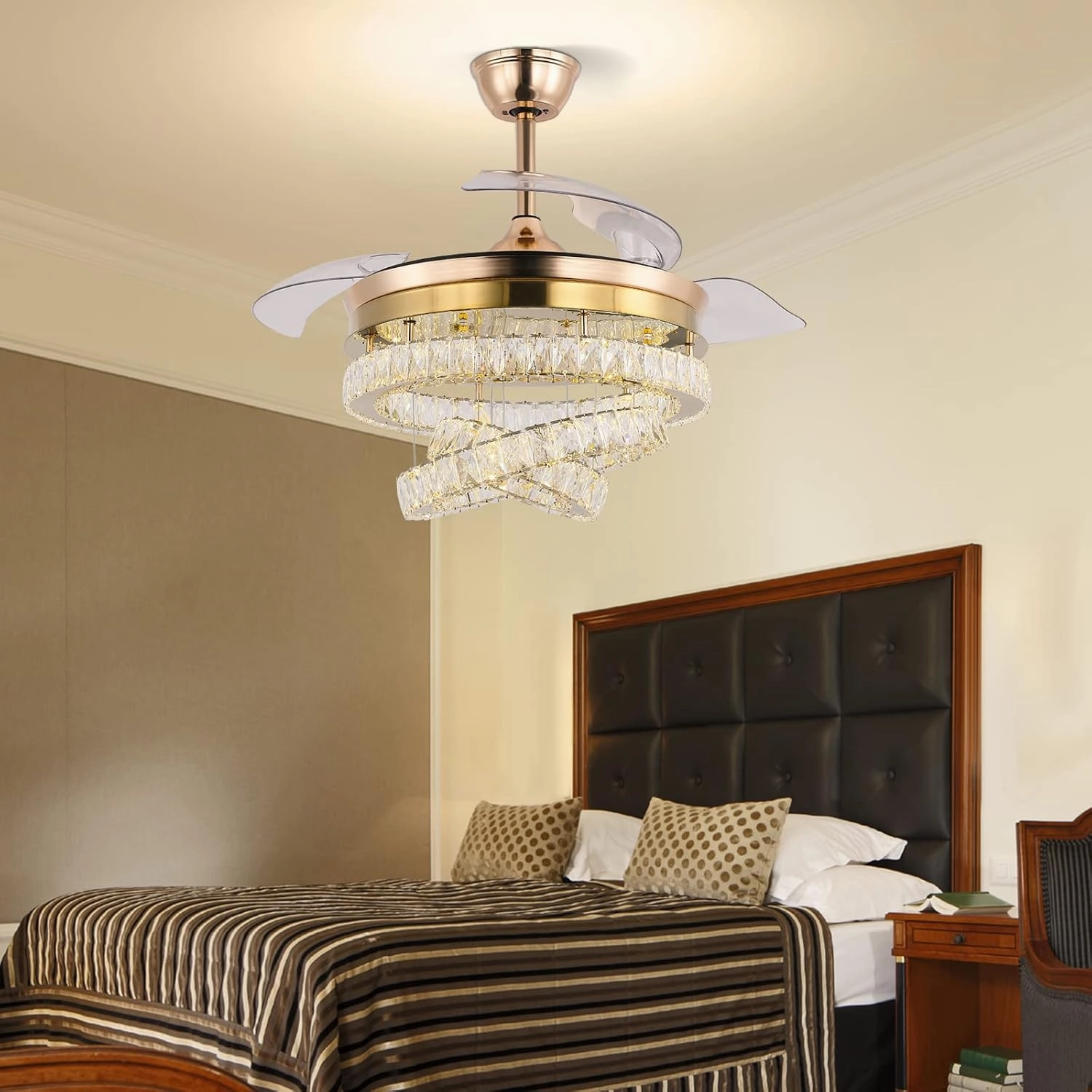 42" Gold LED Fandeliers with Lights Dimmable Crystal Ceiling Fan with Lights Individual 3 LED Color Change with Timi Memory Function