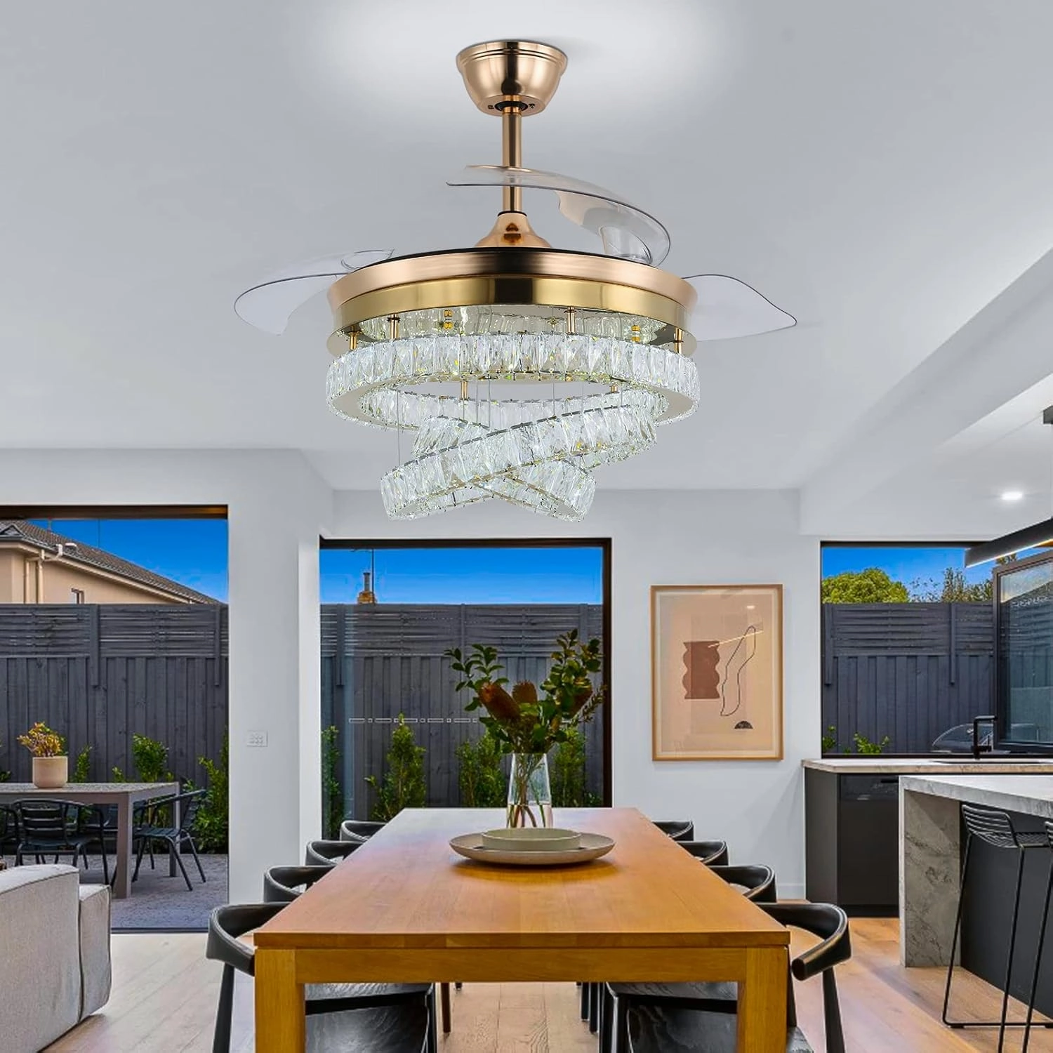 42" Gold LED Fandeliers with Lights Dimmable Crystal Ceiling Fan with Lights Individual 3 LED Color Change with Timi Memory Function