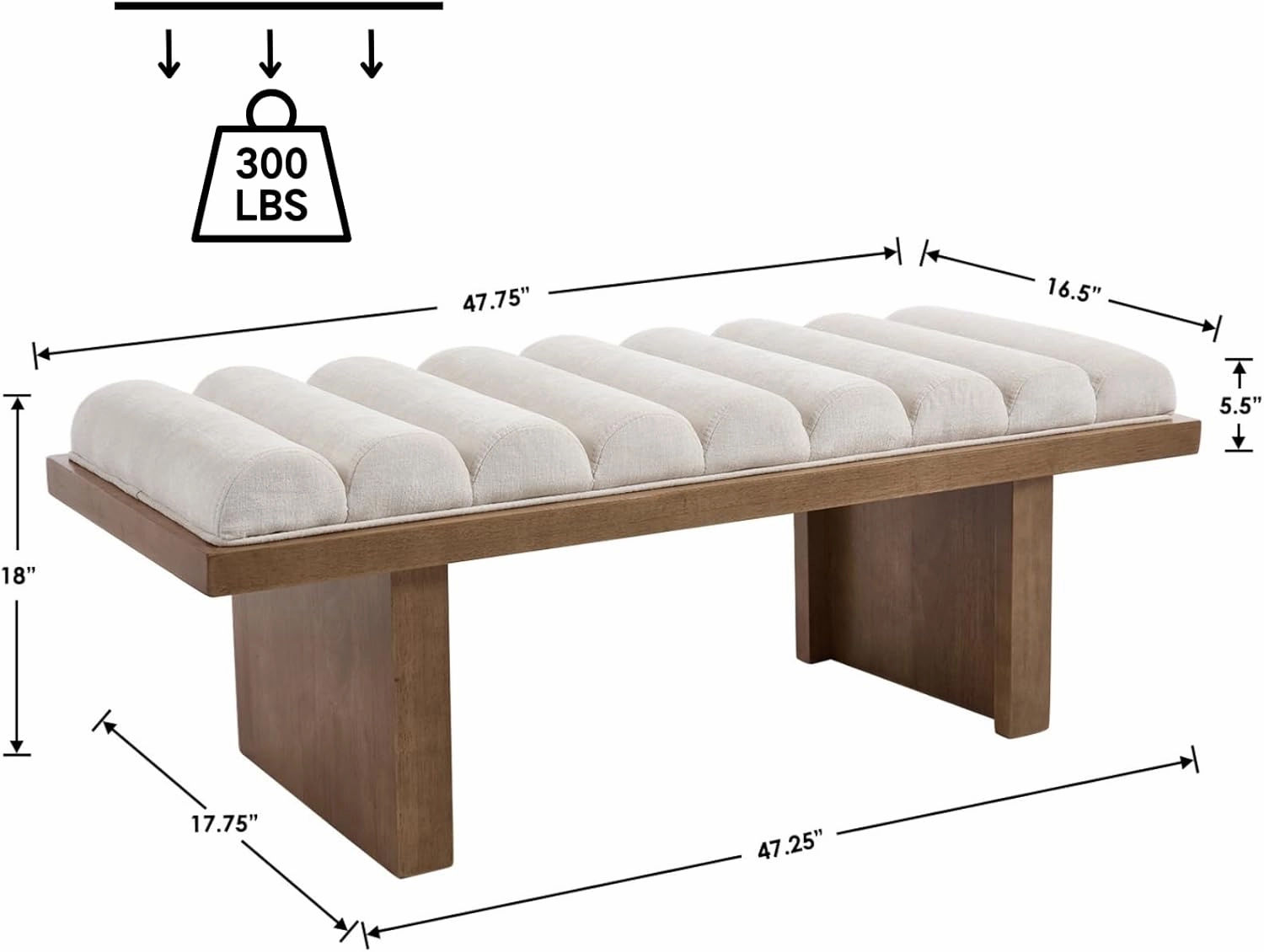 47 Inch End of Bed Bench, Modern Upholstered Entryway Bench with Natural Wooden Base/Padded Cylindrical Cushion, Chenille Fabric Ottoman Bench for Bedroom, Living Room, Beige