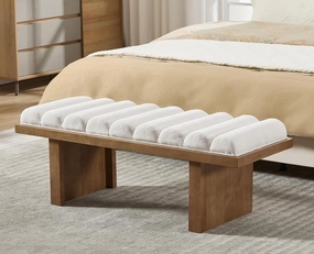 47 Inch End of Bed Bench, Modern Upholstered Entryway Bench with Natural Wooden Base/Padded Cylindrical Cushion, Chenille Fabric Ottoman Bench for Bedroom, Living Room, Beige