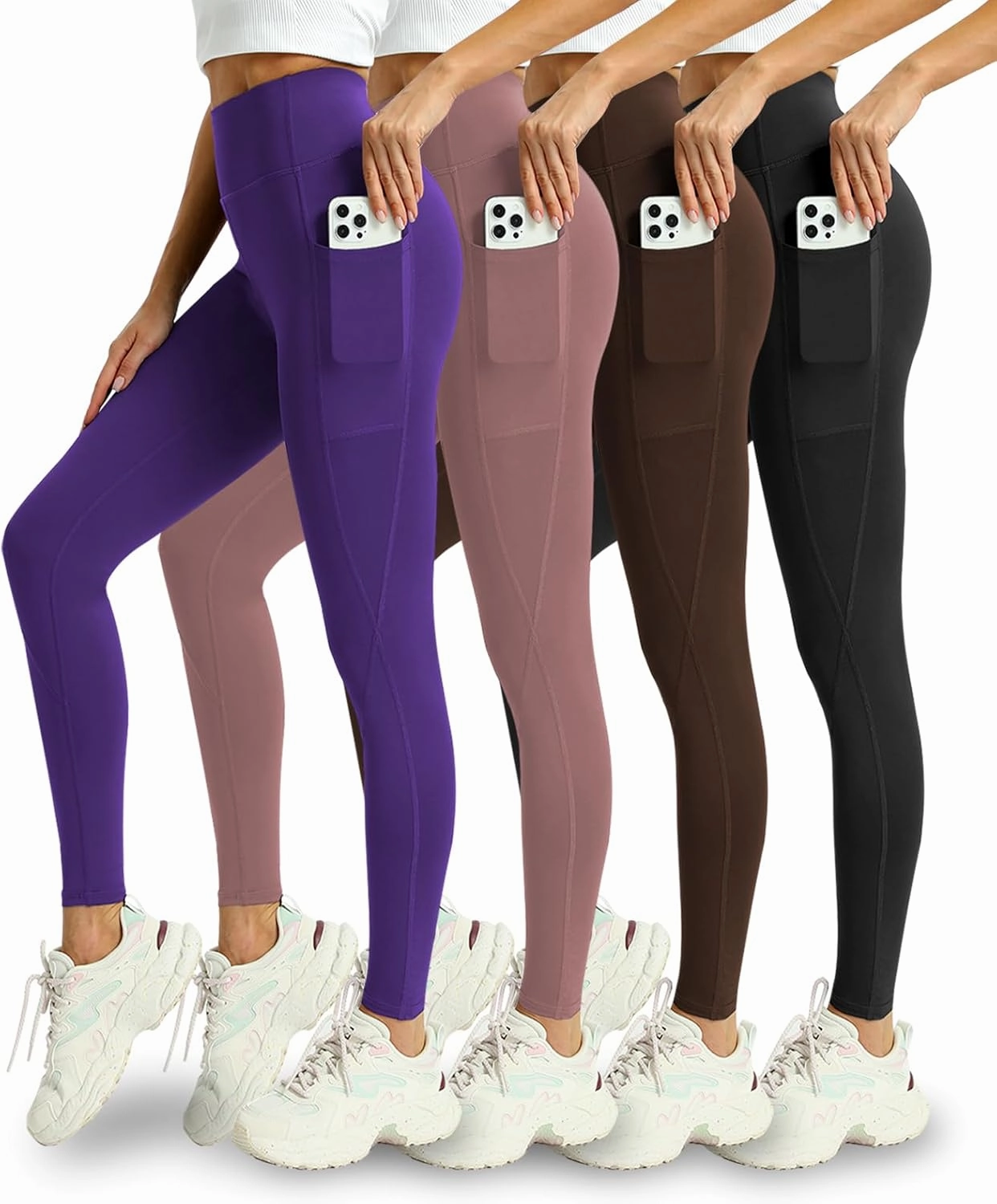 4 Pack Leggings with Pockets for Women - Soft High Waisted Tummy Control Workout Yoga Pants