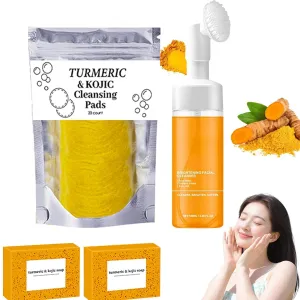 4Pcs Turmeric Wash and Care Three Piece Set, Tuemeric Facial Cleanser & TurmericSoap Bar & Turmeric Face Scrub Pads, Turmeric Cleansing Skincare Set for Face & Body, Deep Cleaning of the Skin