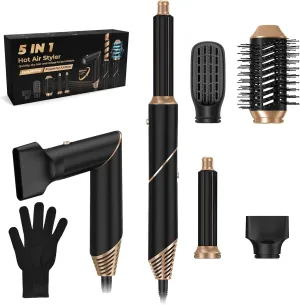5 in 1 Multi-Styler Hair Dryer & Brush Set • Hot Air Brush with Detachable Styler, High Speed Negative Ion Air Curling Wrap Styler for Drying Curling Straightening for All Hairstyle (Black)