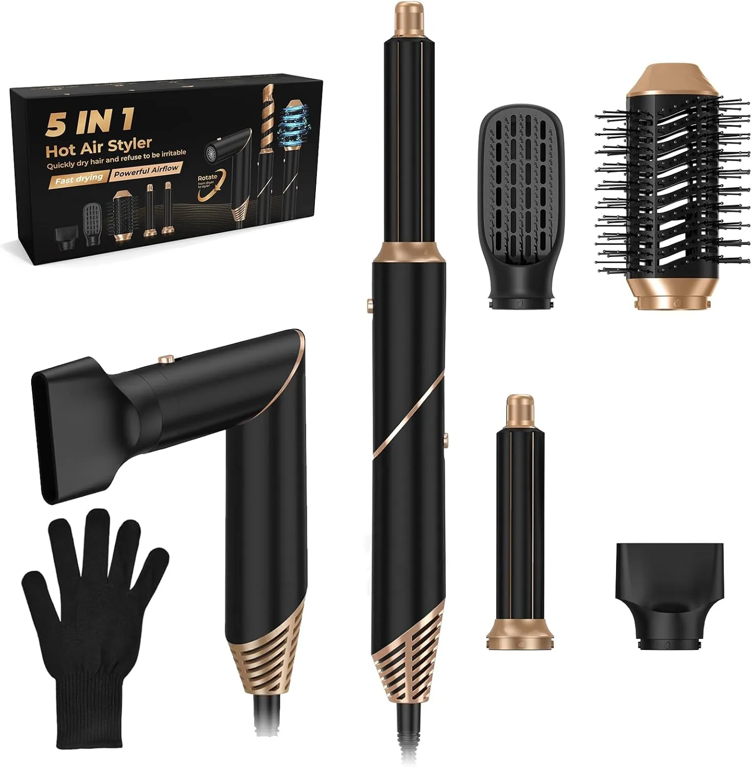 5 in 1 Multi-Styler Hair Dryer & Brush Set • Hot Air Brush with Detachable Styler, High Speed Negative Ion Air Curling Wrap Styler for Drying Curling Straightening for All Hairstyle (Black)