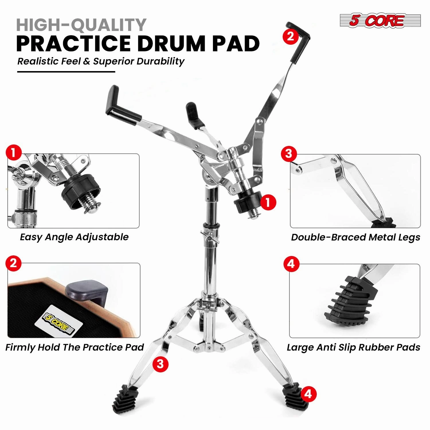5 Core Drum Practice Pad Set 12" Adjustable Snare Drumming Stand