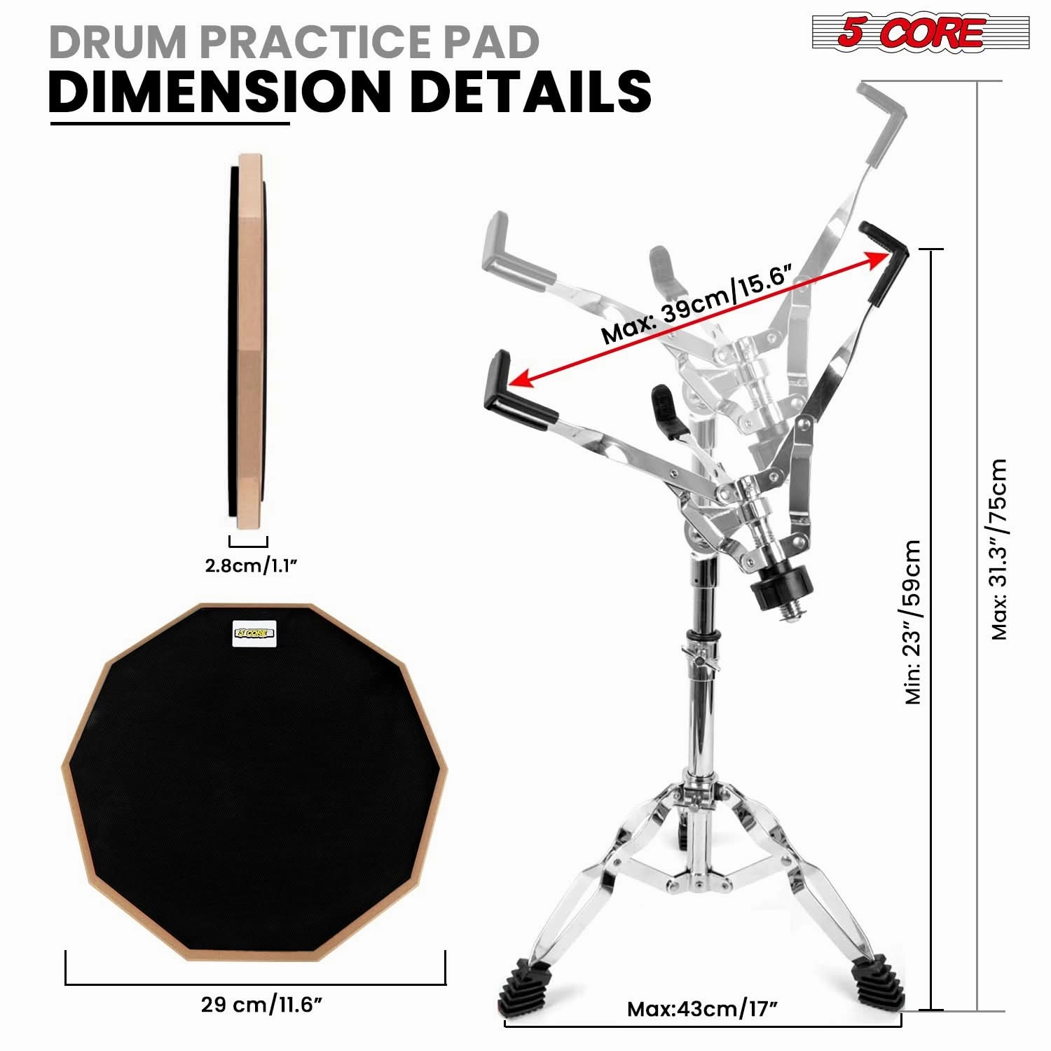 5 Core Drum Practice Pad Set 12" Adjustable Snare Drumming Stand