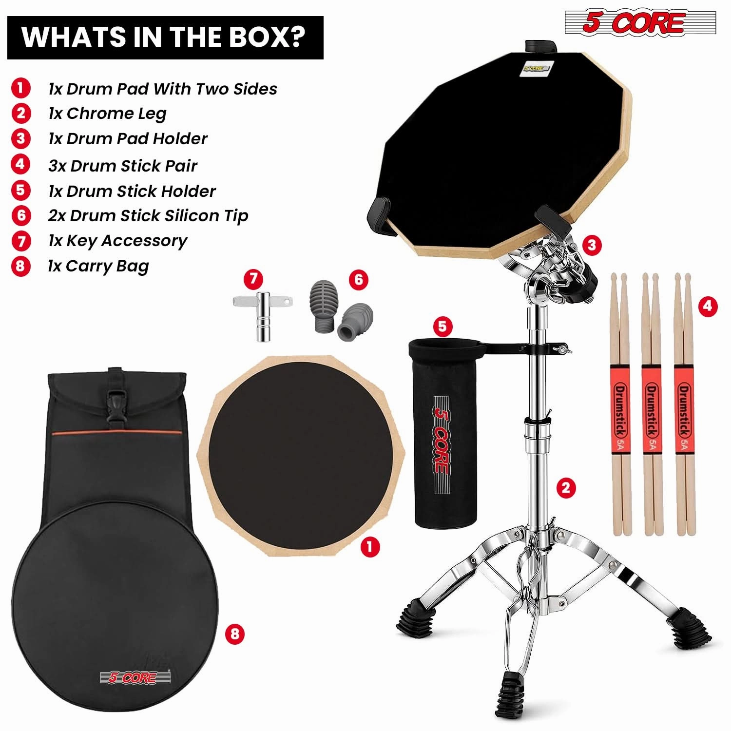 5 Core Drum Practice Pad Set 12" Adjustable Snare Drumming Stand