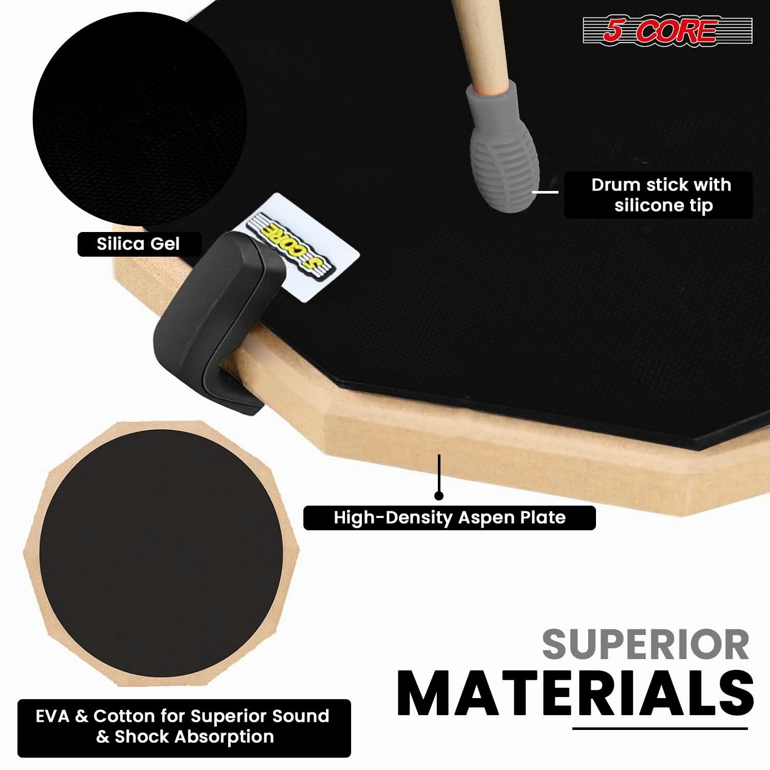 5 Core Drum Practice Pad Set 12" Adjustable Snare Drumming Stand