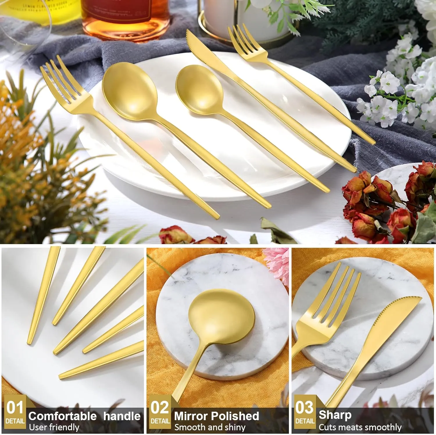 60 Pieces Stainless Steel Tableware Set Silverware Set Flatware Cutlery Utensils Spoon Fork Knives Service for 12 for Home Restaurant Apartment and Kitchens(Gold)