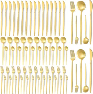 60 Pieces Stainless Steel Tableware Set Silverware Set Flatware Cutlery Utensils Spoon Fork Knives Service for 12 for Home Restaurant Apartment and Kitchens(Gold)
