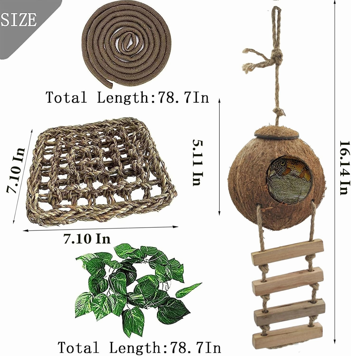 6PCS Crested Gecko Coconut Hut, Lizard Coco Den with Ladder and Reptile Hammock Bearded Dragon Tank Accessories Climbing Hanging Plants Jungle Vine Flexible Reptile Leaves Decor