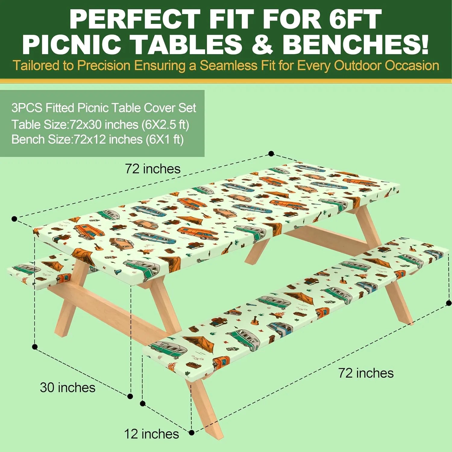 72 X 30 Inch Elastic Fitted Camping Table Cover with Bench Covers & Storage Bag, Picnic Tablecloth, Fits 6ft Picnic Tables, Polyester, Washable, Spill Resistant, Waterproof - Vintage