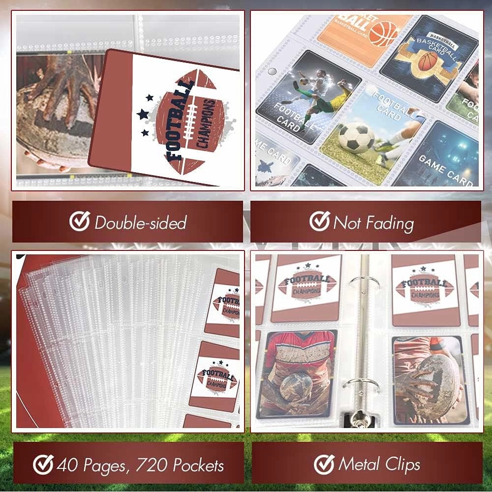 720 Pockets Football Card Binder with Sleeves fit for Baseball Cards, Trading Cards Album Cards Holder Protectors Set Fit for Game Card, Sports, Football Card