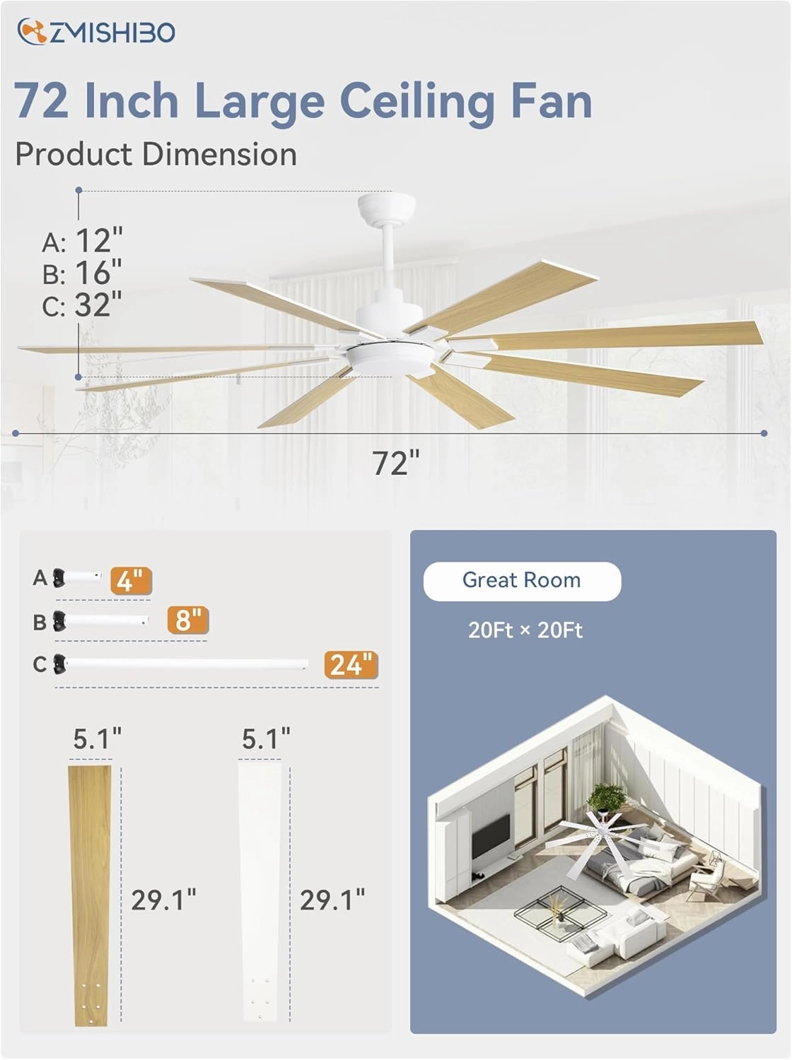 72 inch White Ceiling Fans with Lights and Remote, Indoor/Outdoor Ceiling Fan for Patio Living Room, 6 Speed Reversible Quiet DC Motor, 3 CCT, Dual Finish Blades