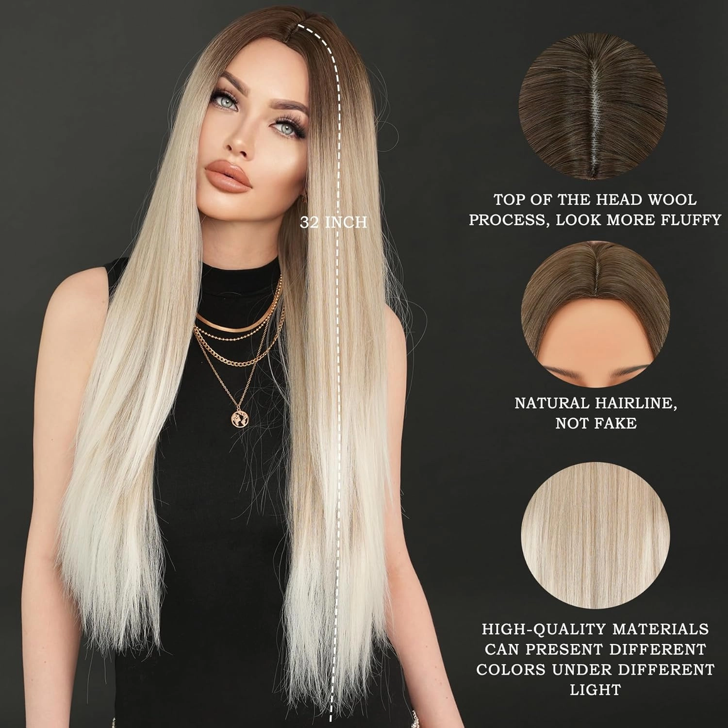 7JHH Wigs 32in Long Silver Grey Ombre Wigs Natural Heat Resistant Fiber Synthetic Layered Straight Grey White Ombre Wigs with Dark Roots Women Wigs for Holiday Festival Chrismas Daily Party Daily Used