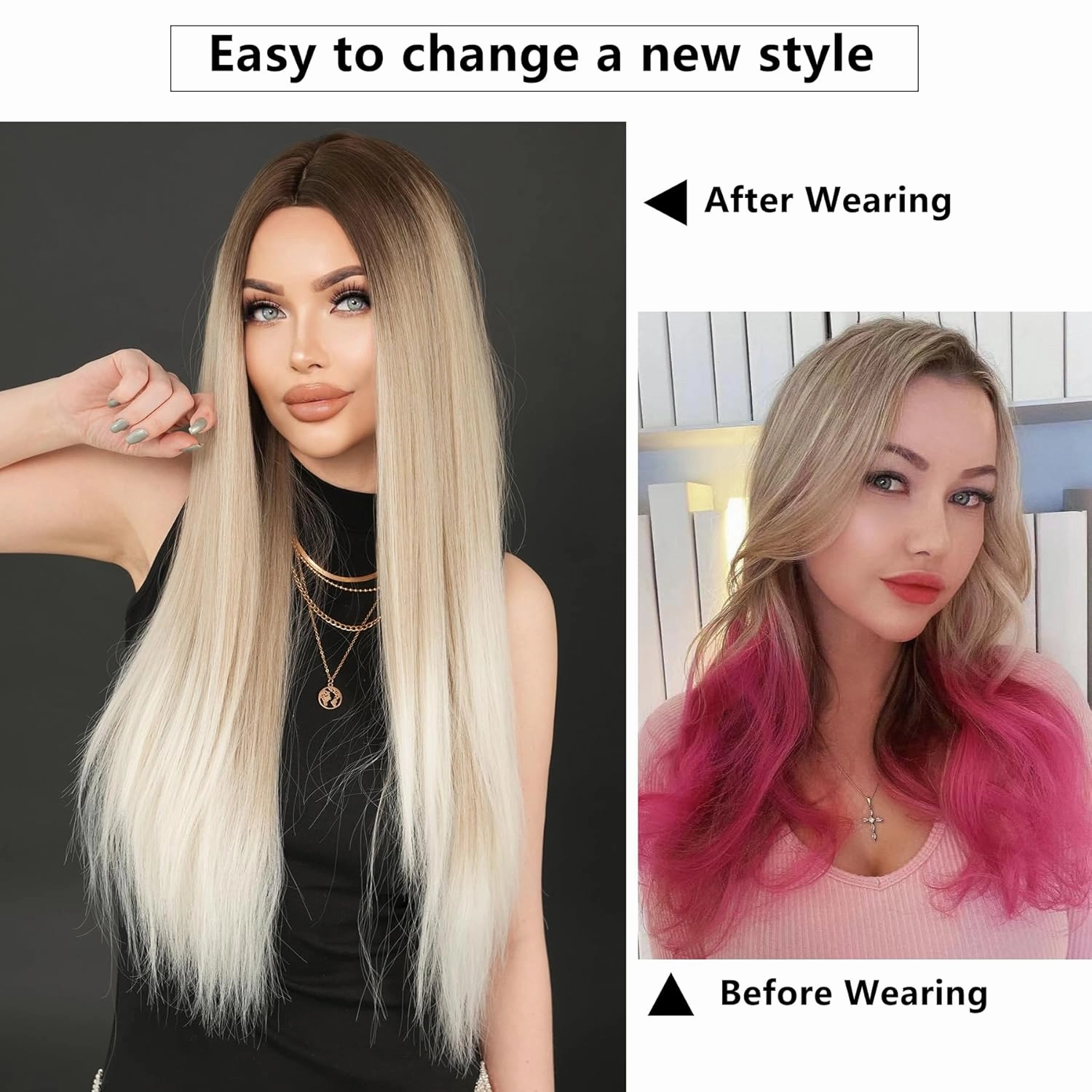 7JHH Wigs 32in Long Silver Grey Ombre Wigs Natural Heat Resistant Fiber Synthetic Layered Straight Grey White Ombre Wigs with Dark Roots Women Wigs for Holiday Festival Chrismas Daily Party Daily Used