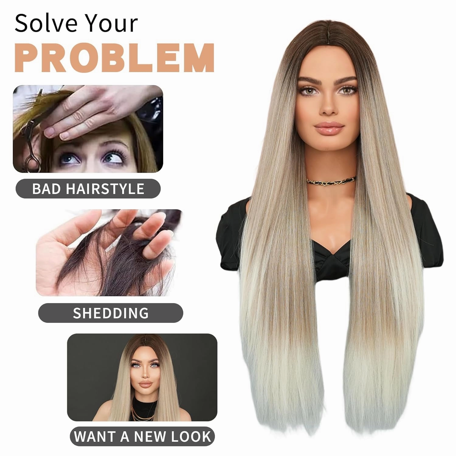 7JHH Wigs 32in Long Silver Grey Ombre Wigs Natural Heat Resistant Fiber Synthetic Layered Straight Grey White Ombre Wigs with Dark Roots Women Wigs for Holiday Festival Chrismas Daily Party Daily Used